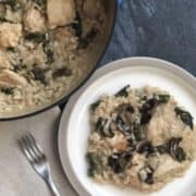 blue pot of chicken marsala risotto with plated portion