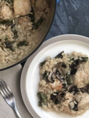 blue pot of chicken marsala risotto with plated portion