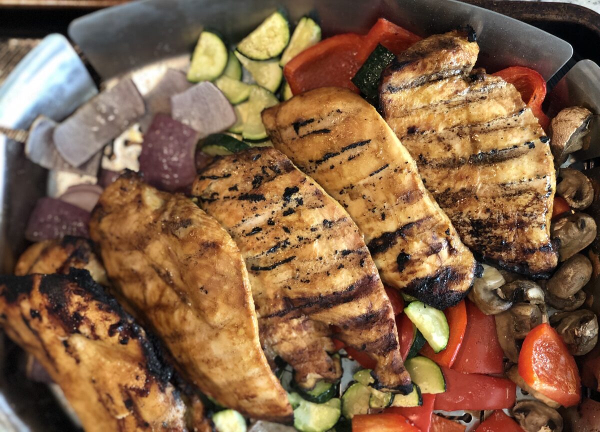 grilled chicken in a basic meat marinade on grill pan with bell peppers, red onion, zucchini, and mushrooms