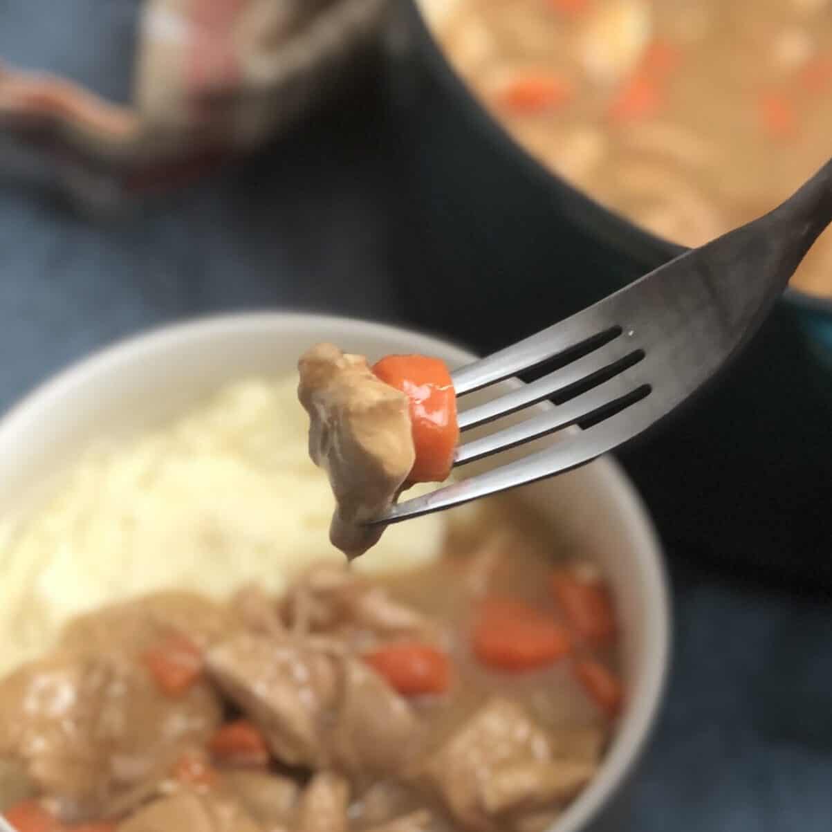 a bowl of rotisserie chicken stew with mashed potatoes and a fork with chicken and carrot on it