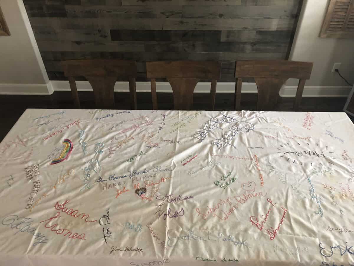 a bird's eye view of a signature table cloth spread out on a dining table