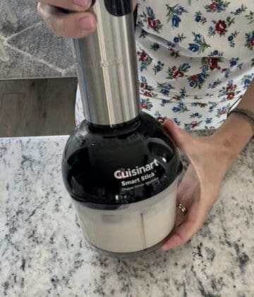 a mini food processor blending homemade blue cheese dressing