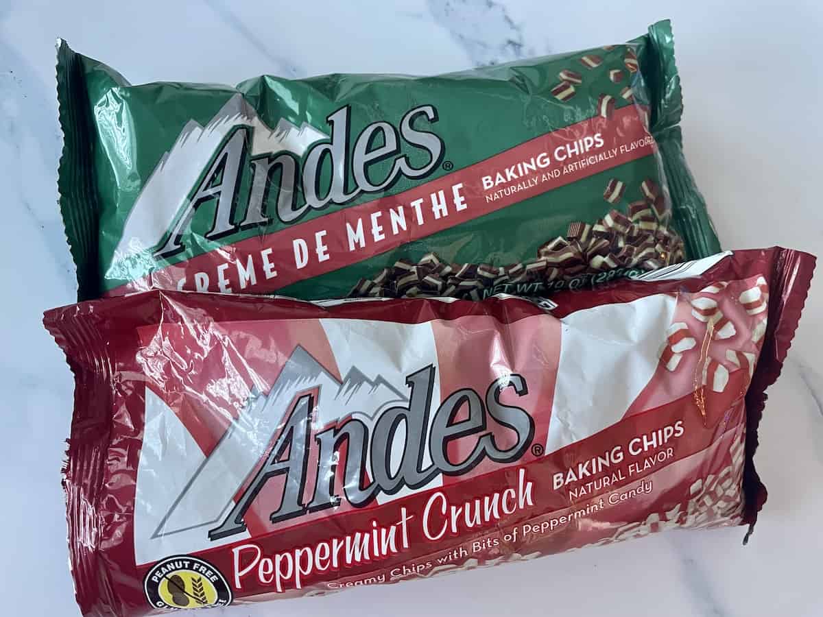 bags of andes chocolate mint pieces and peppermint candy cane pieces