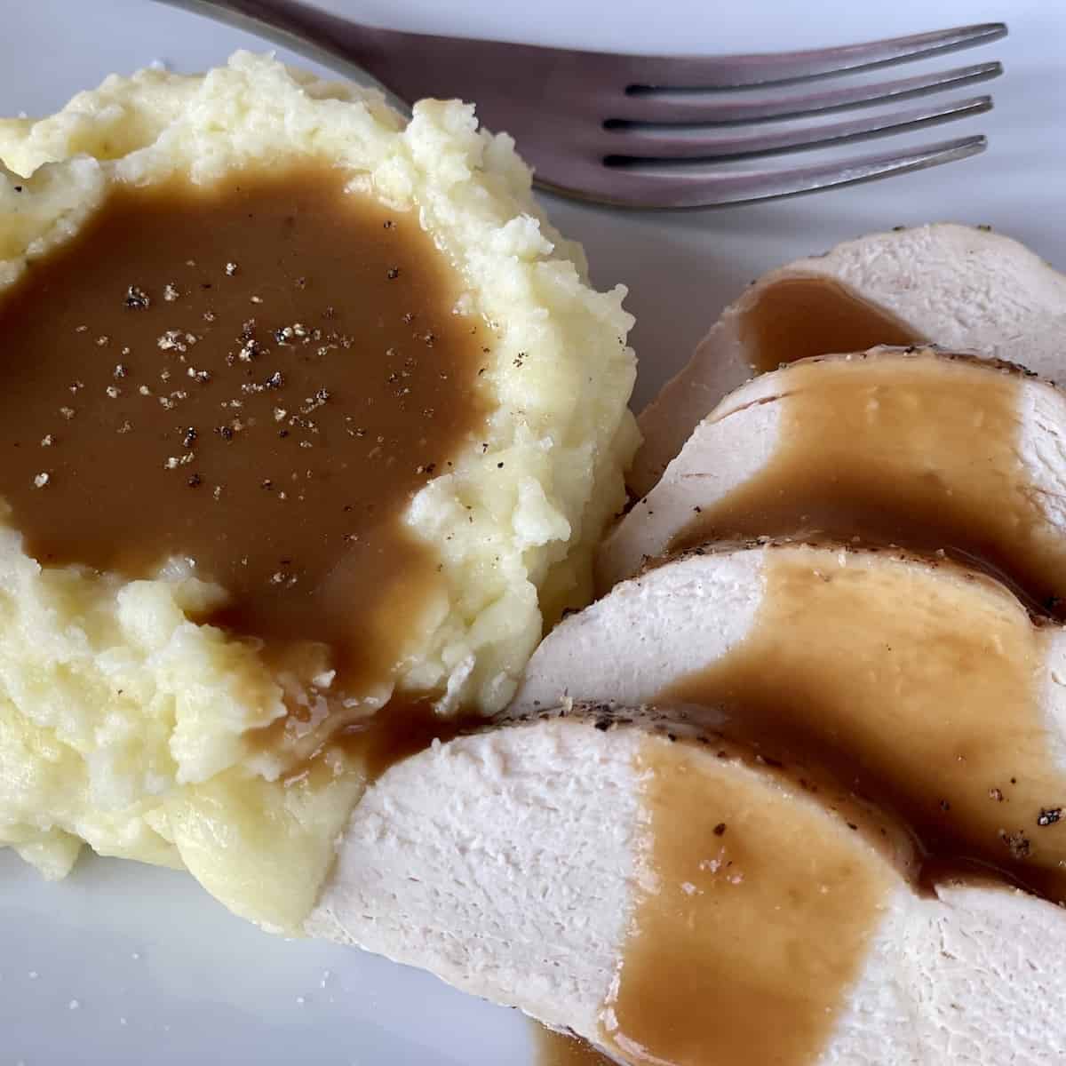 a white plate of mashed potatoes and turkey with gravy