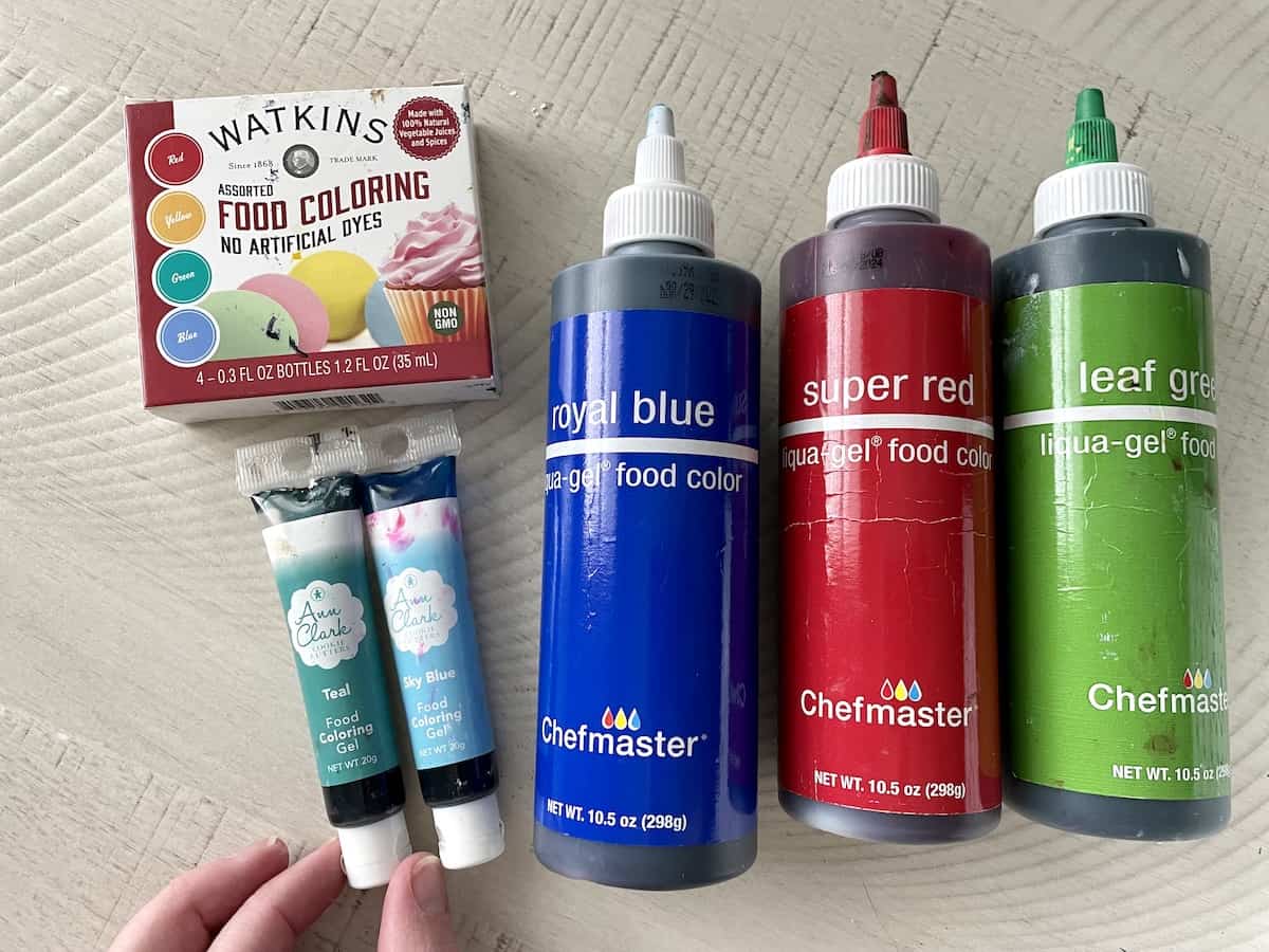 Watkins natural food coloring in a box two tubes of Annies food coloring and blue red and green chef master brand food coloring