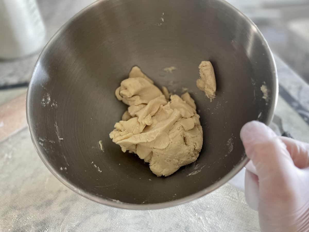 no chill sugar cookie dough that has pulled together in a large mixing bowl 