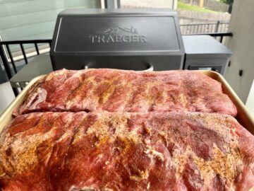 2 racks of seasoned st Louis ribs ready to go on the Traeger Grill