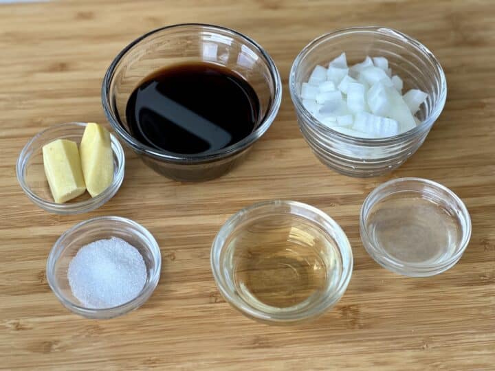 ginger dipping sauce ingredients fresh ginger soy sauce diced onion sugar vinegar and lemon juice
