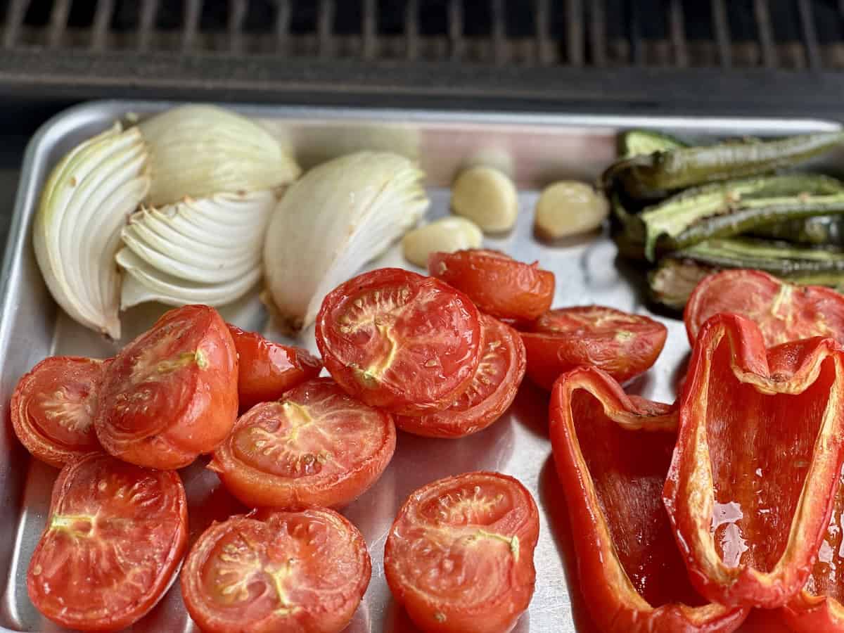 smoked salsa vegetables on sheet pan