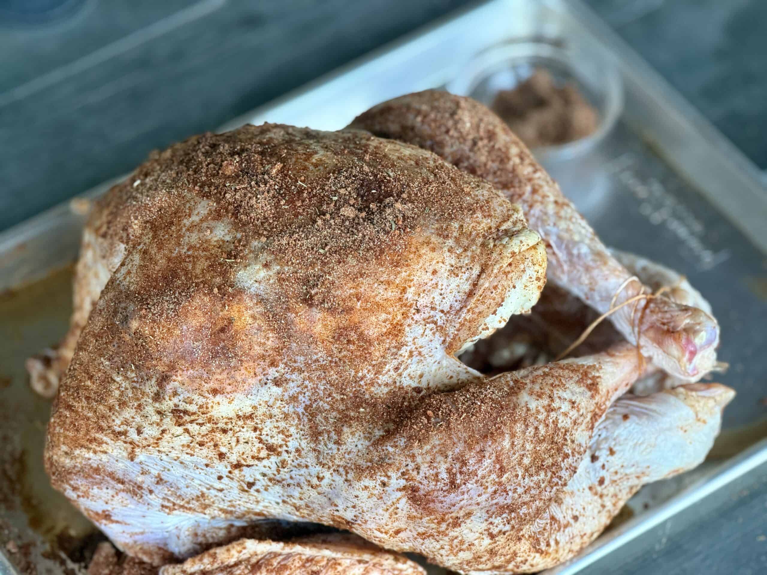 seasoned uncooked turkey on sheet pan