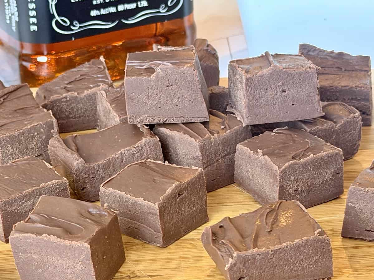 whiskey fudge squares wood cutting board bottle of jack Daniels