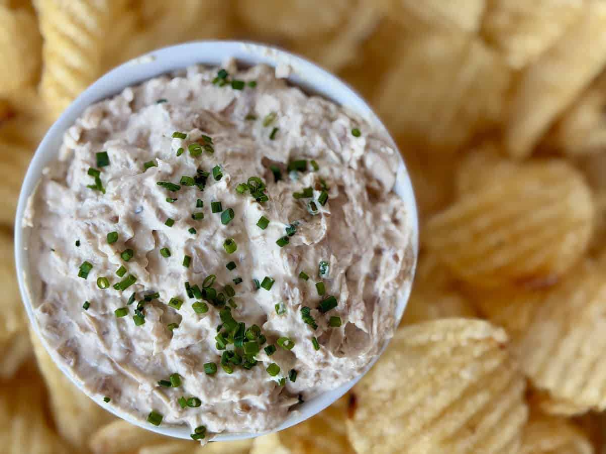 french onion dip garnished with chives white dip and chip bowl potato chips