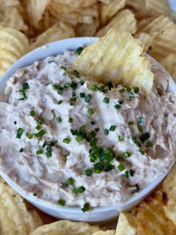 french onion dip potato chips white bowl set
