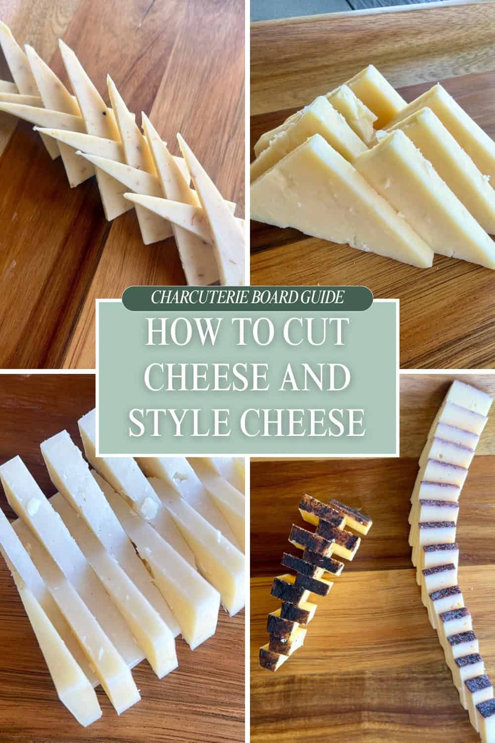 4 styles of cheese cut on wood board