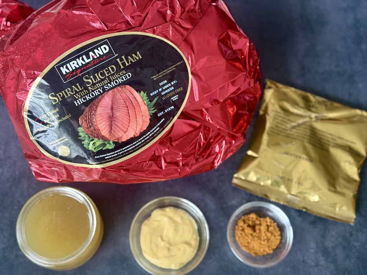 kirkland signature ham bowl of chicken stock bowl of dijon mustard bowl of bbq spices