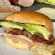 pork tenderloin sandwich on white plate potato chips