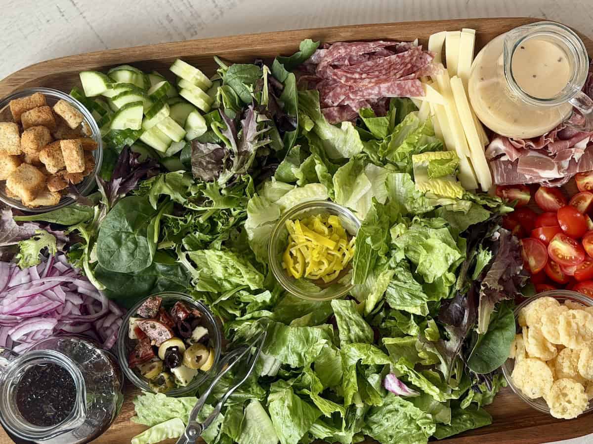 italian chopped salad on large wood platter