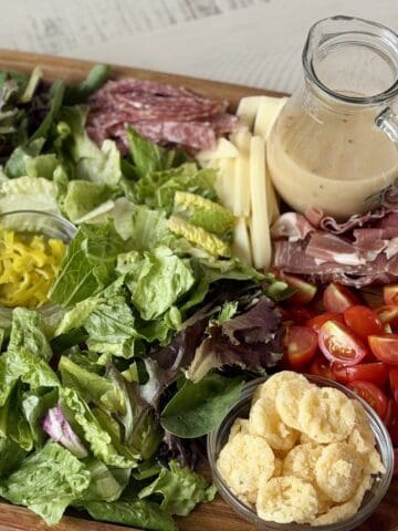 italian chopped salad on large wood platter